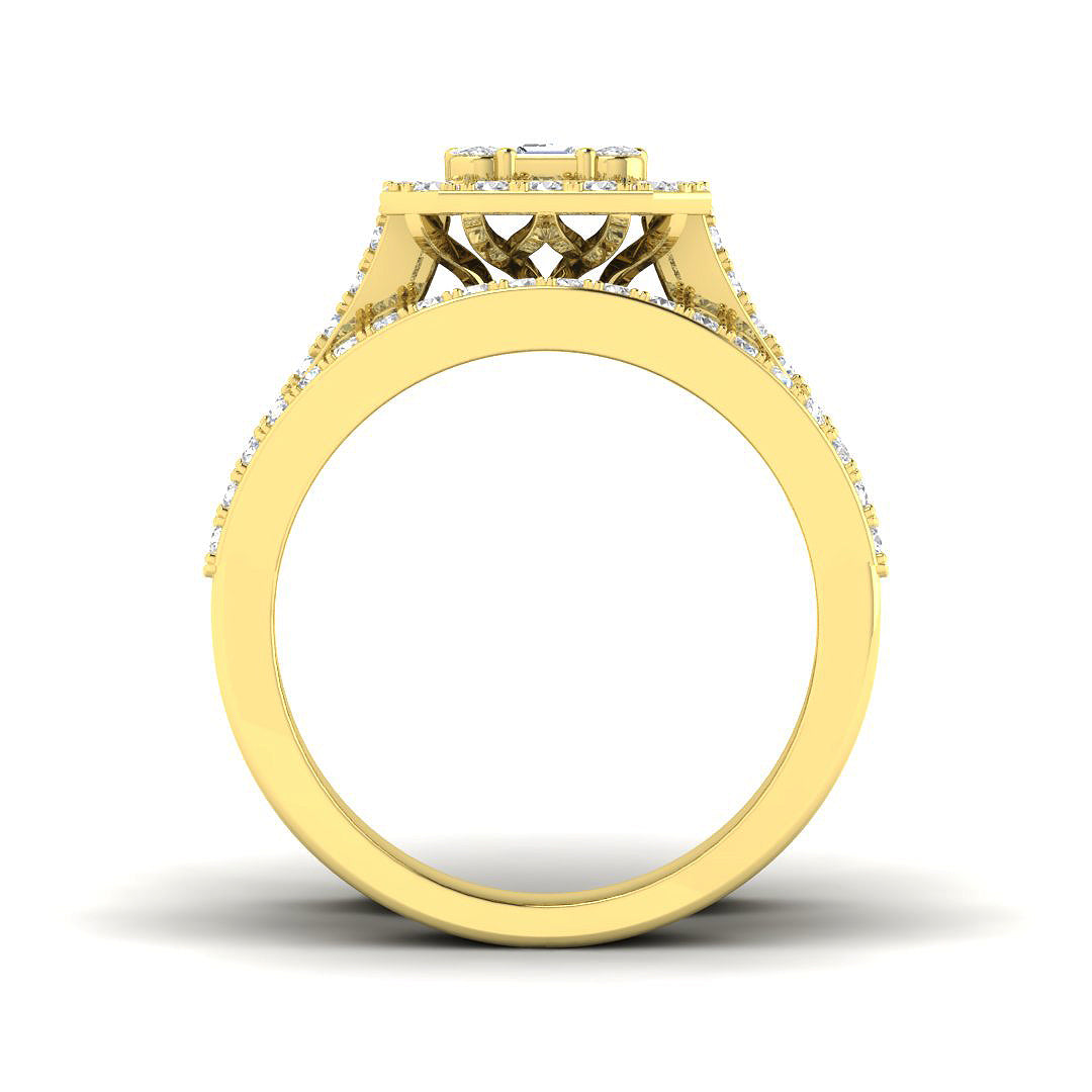 Side profile view of a heavy 18ct Yellow Gold diamond ring showing the intricate gallery details and wide band.