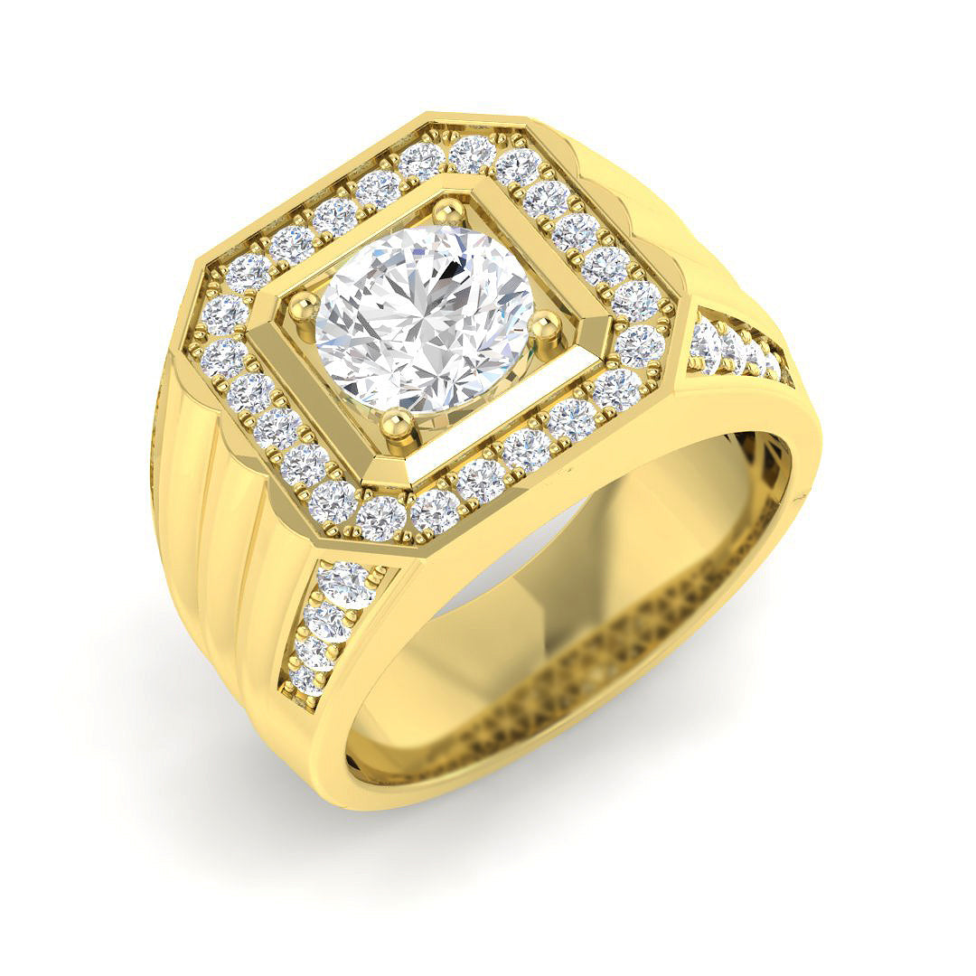 Heavy 9ct Yellow Gold gents ring featuring a 2.42ct lab-grown diamond cluster with an octagonal halo and diamond shoulders.