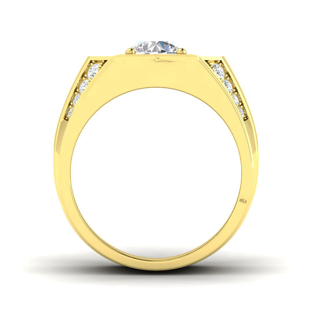 Side view of a substantial 10.8g gold men's ring showing the thick shank and channel set diamond details.