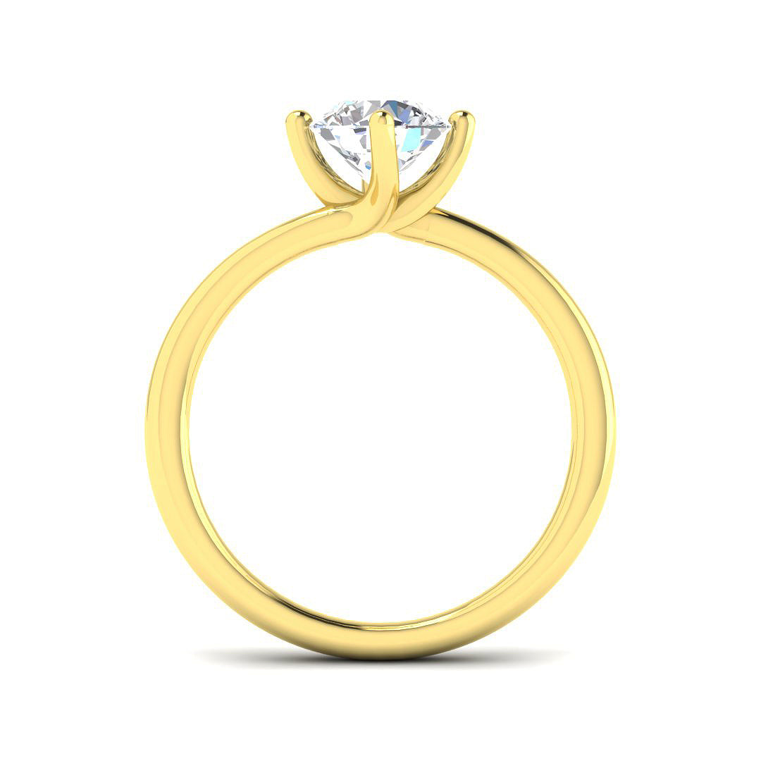 Side view of a yellow gold solitaire ring highlighting the secure compass claw design.