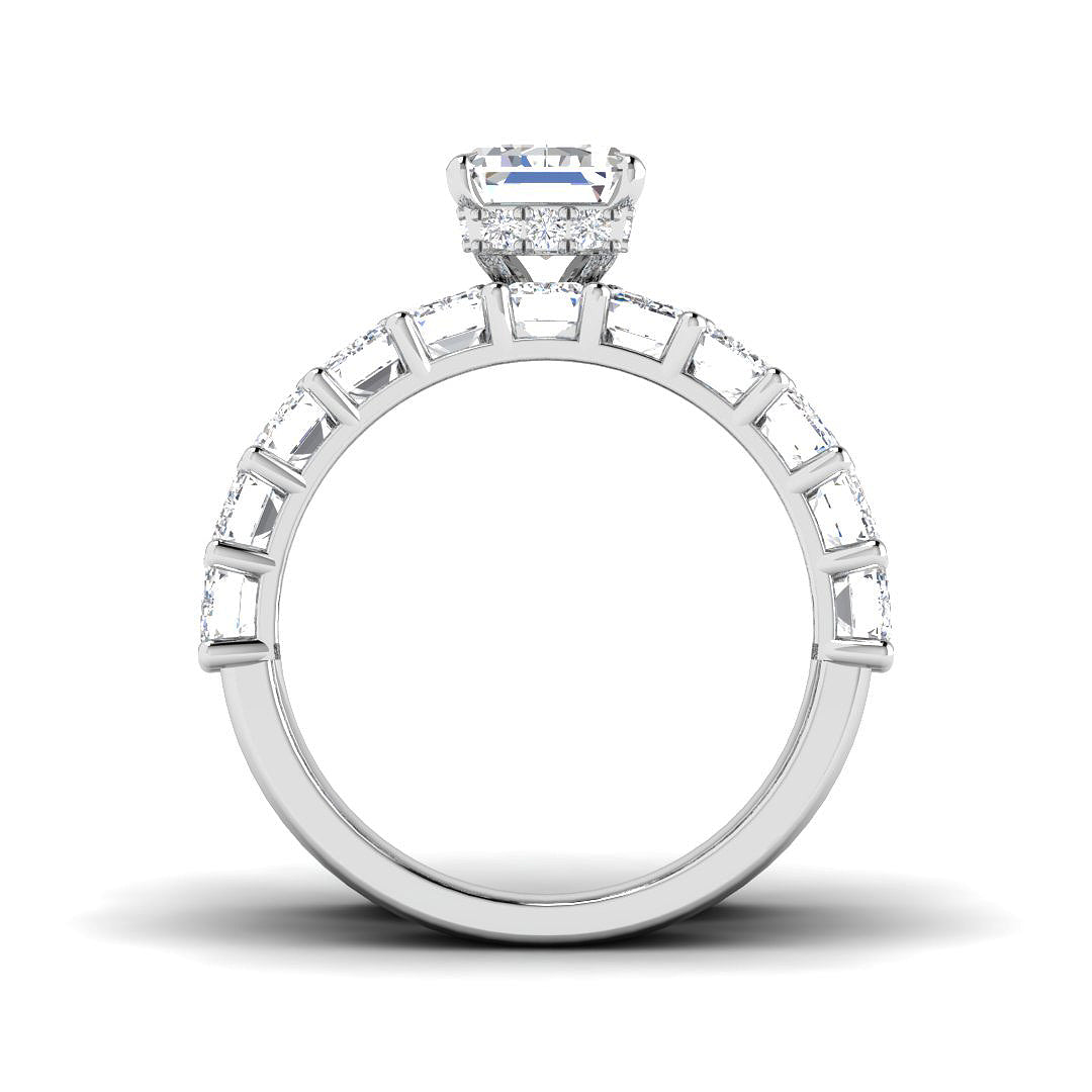 Side profile of a 9ct Yellow Gold emerald cut diamond ring stack showcasing the solid gold gallery.