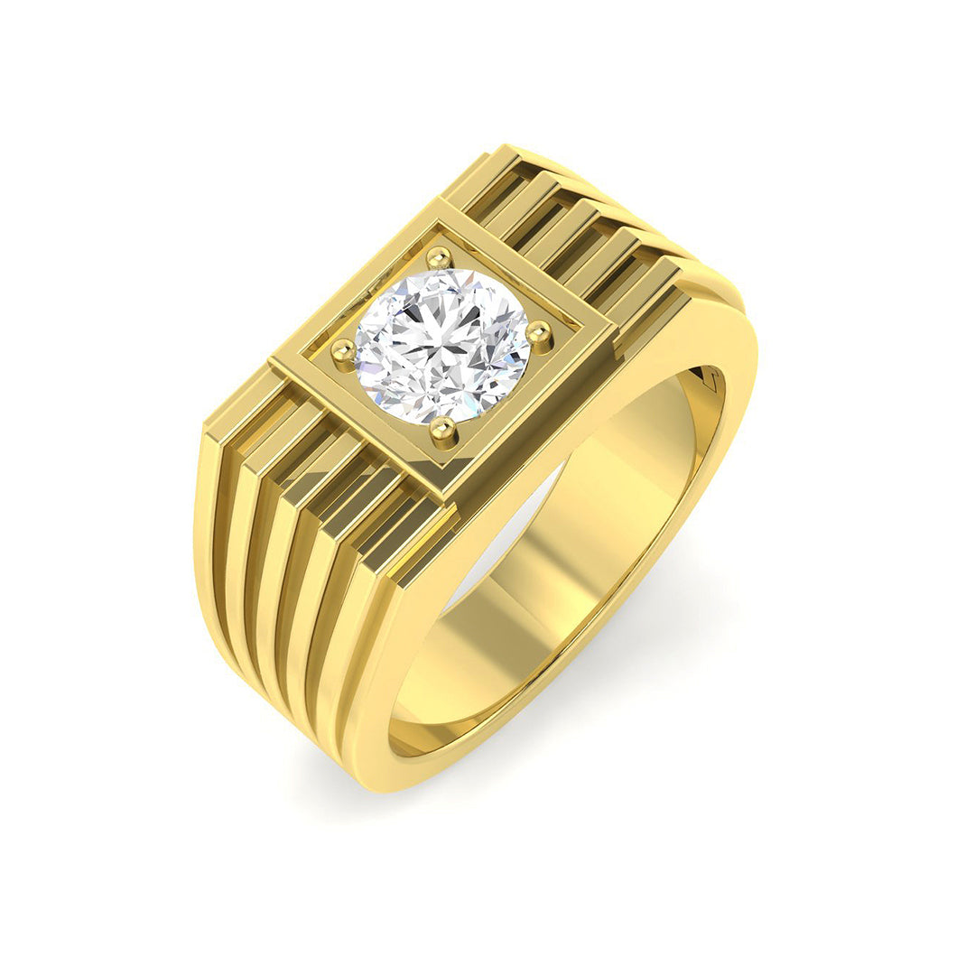 Heavy 9ct Yellow Gold gents ring featuring a 1.03ct round lab-grown diamond set in a square face with grooved, stepped shoulders.