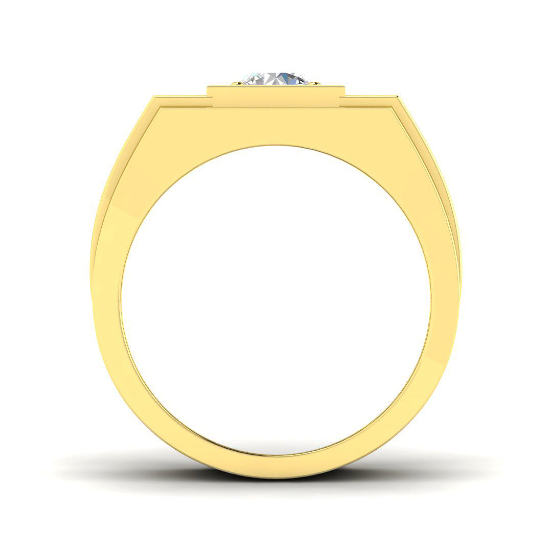 Side view of a substantial 9g gold men's ring showing the thick band and linear shoulder details.