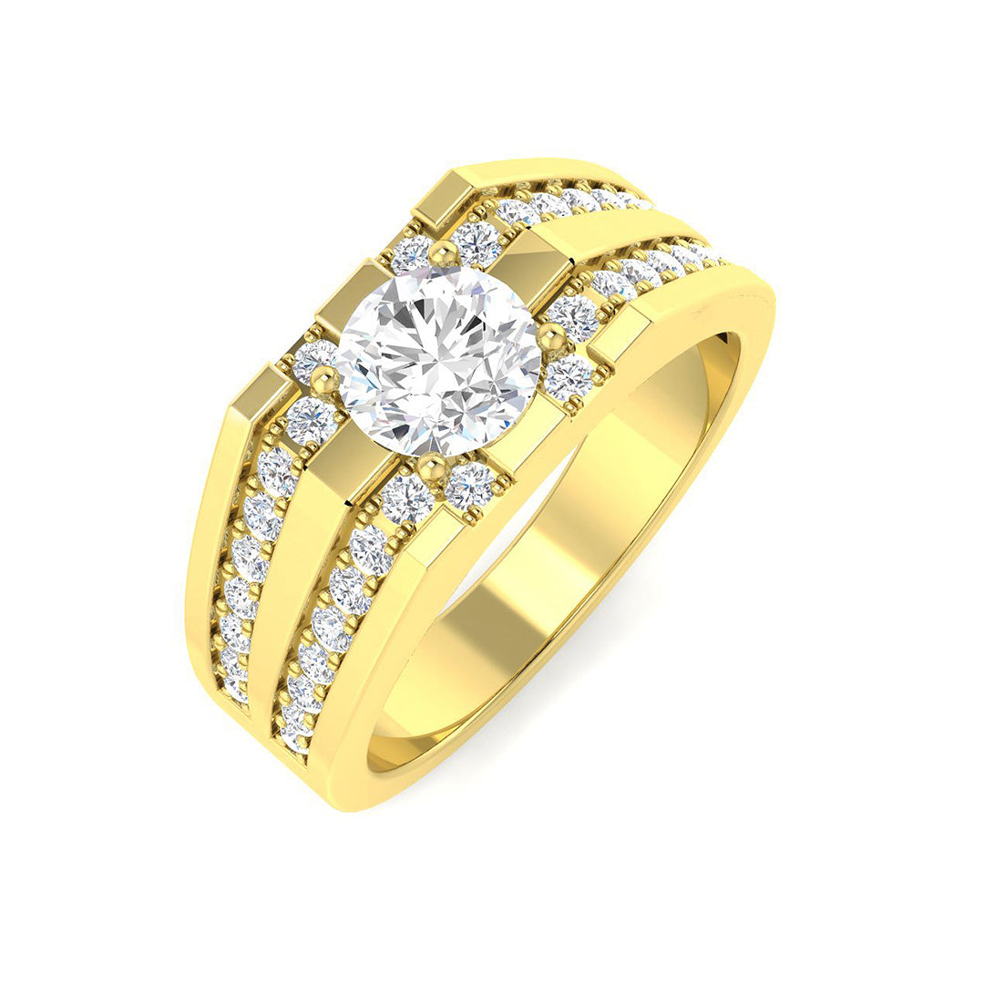 9ct Yellow Gold gents ring featuring a central lab-grown diamond and stepped shoulders set with rows of accent stones.