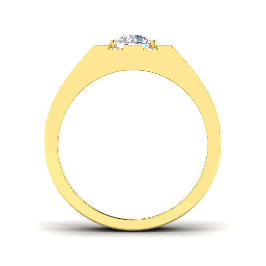 Side view of a yellow gold men's ring showing the channel set diamonds and flat top profile.