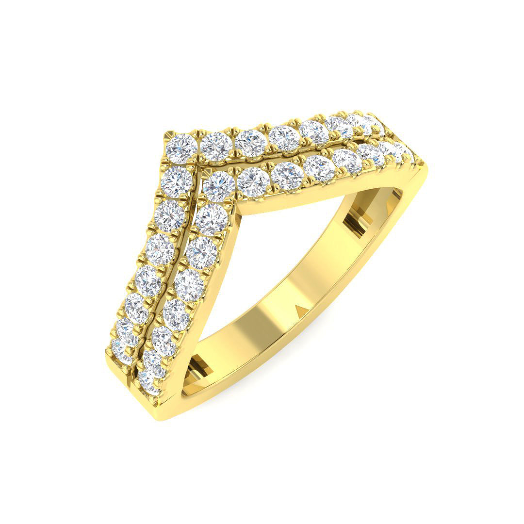 Angled view of a 9ct Yellow Gold double wishbone eternity ring with 30 round lab diamonds.