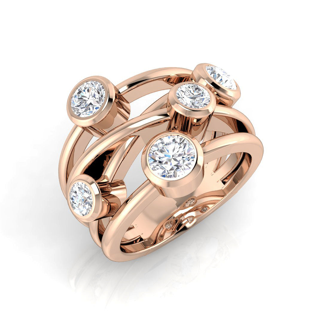 A wide multi-band diamond bubble ring in 9ct rose gold with five large bezel-set diamonds, on a white background.