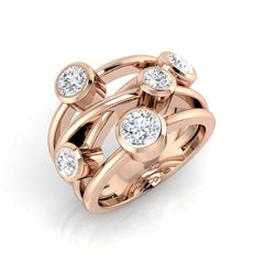 A wide multi-band diamond bubble ring in 9ct rose gold with five large bezel-set diamonds, on a white background.