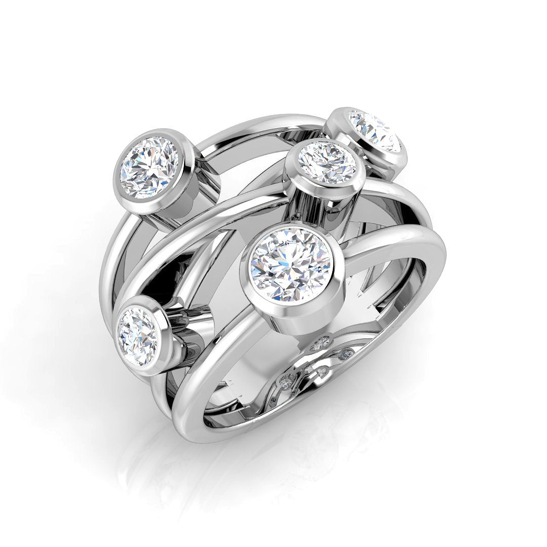 A wide multi-band diamond bubble ring in platinum/white gold with five large bezel-set diamonds, on a white background.