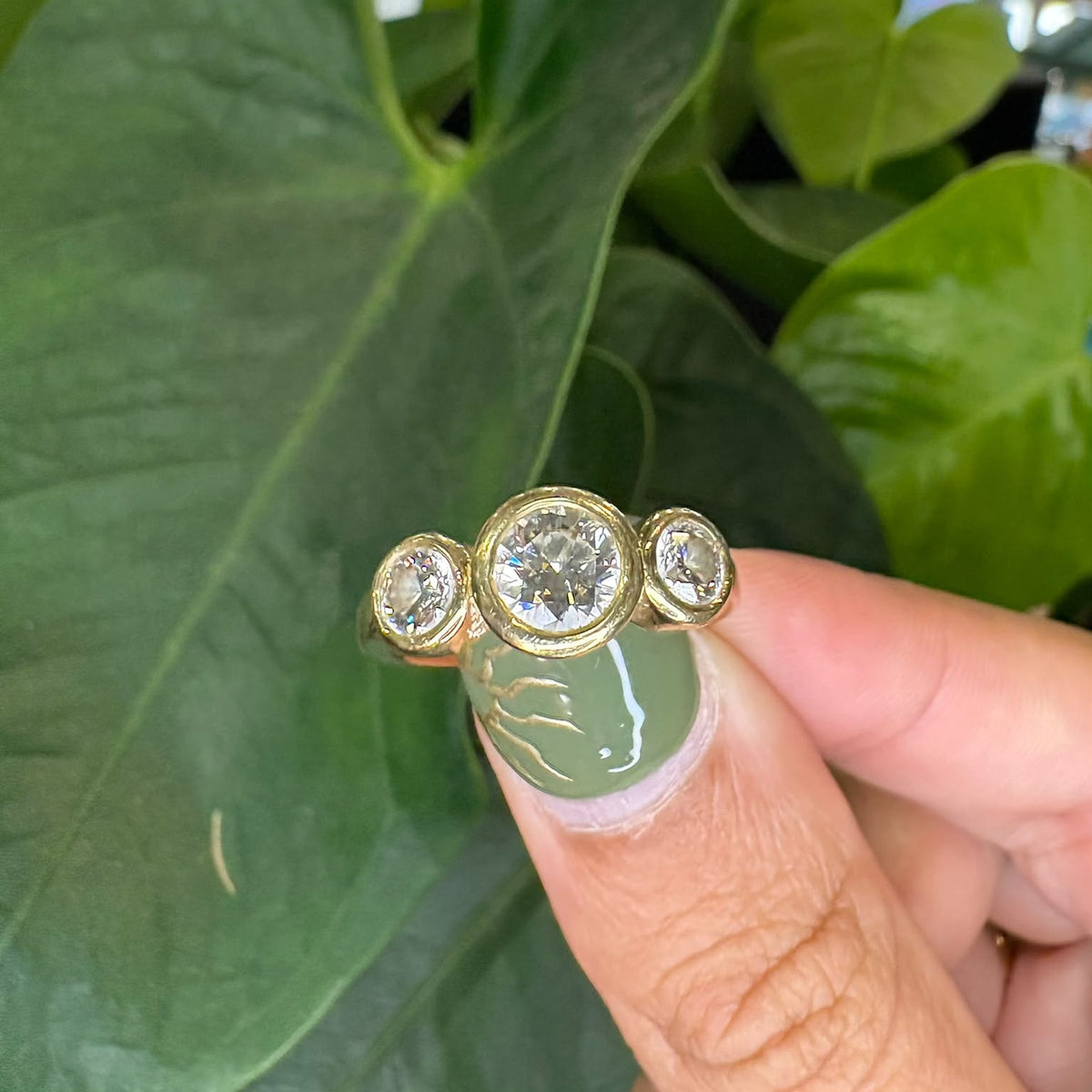 A gold ring with three clear round-cut gemstones, held between fingers against a background of large green houseplant leaves.