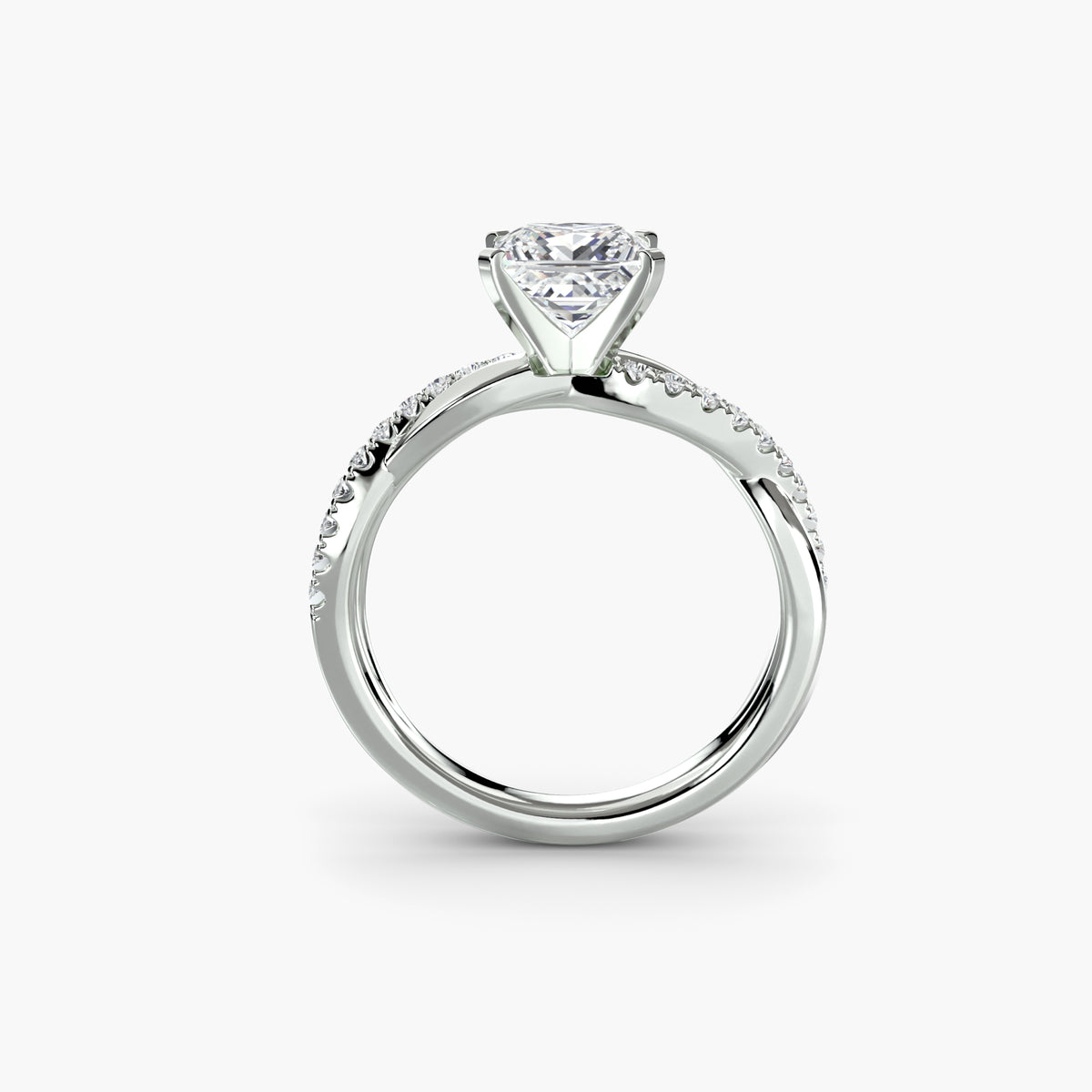 The Emerald Twist pavé ring setting, in white gold, front view, shown with a princess-cut lab-grown diamond