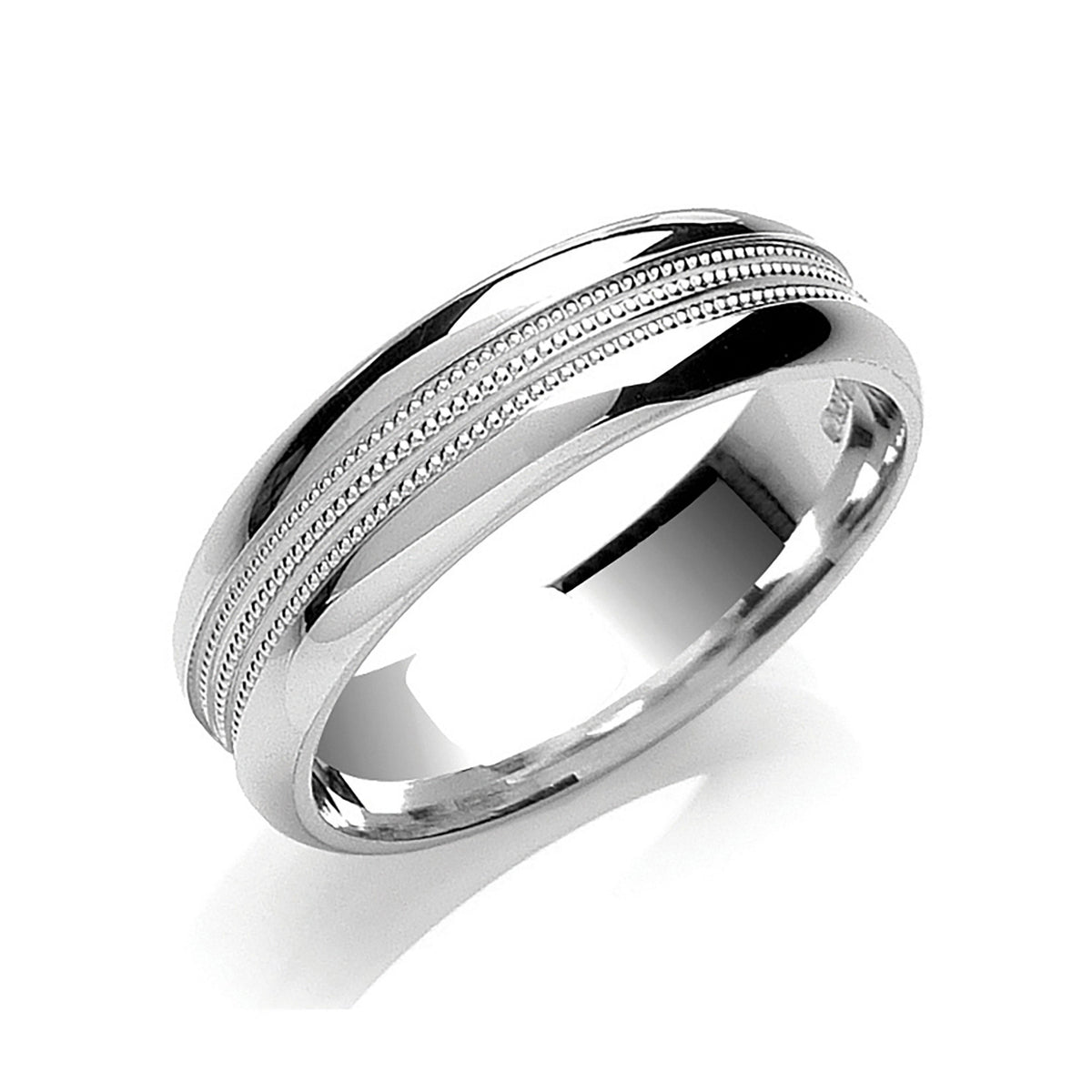 A 6mm court profile wedding ring in platinum or white gold, featuring two rows of milgrain in the centre, on a white background.