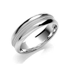 A 6mm court profile wedding ring in platinum or white gold, featuring two rows of milgrain in the centre, on a white background.