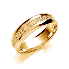 A 6mm court profile wedding ring in 9ct yellow gold, featuring two rows of milgrain in the centre, on a white background.