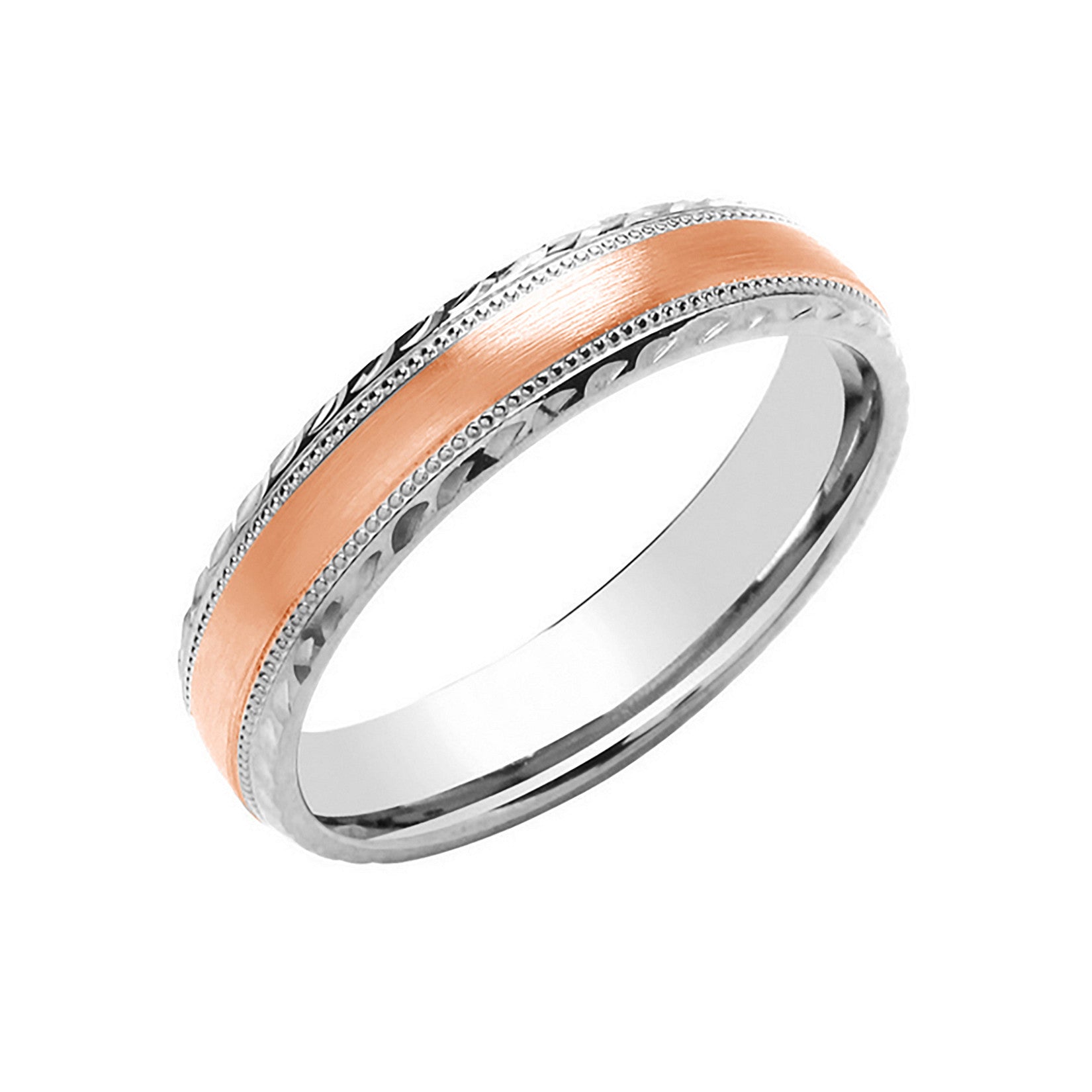 A two-tone wedding ring with a 9ct white gold base, rose gold brushed centre, and intricate milgrain and diamond-cut edges, on a white background.