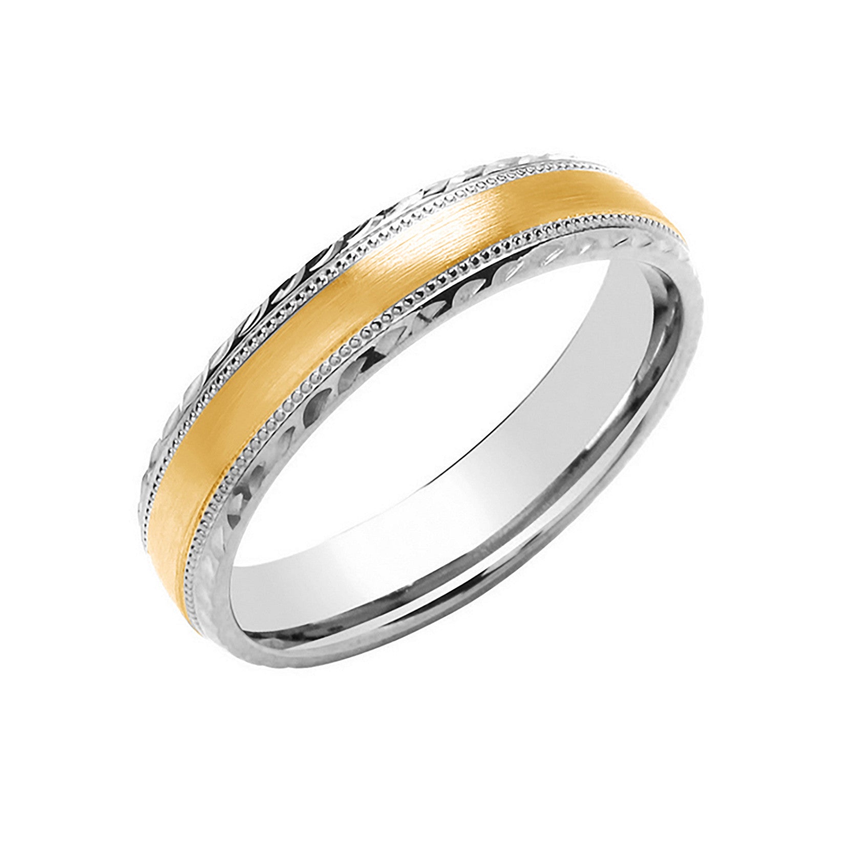 A two-tone wedding ring with a 9ct white gold base, yellow gold brushed centre, and intricate milgrain and diamond-cut edges, on a white background.