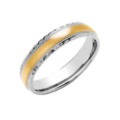 A two-tone wedding ring with a 9ct white gold base, yellow gold brushed centre, and intricate milgrain and diamond-cut edges, on a white background.