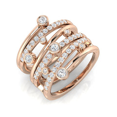 A wide multi-band diamond wave ring in 9ct rose gold, with pavé and bezel-set diamonds, on a white background.