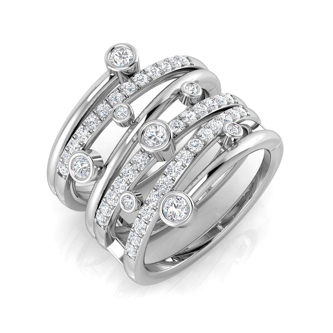 A wide multi-band diamond wave ring in platinum/white gold, with pavé and bezel-set diamonds, on a white background.