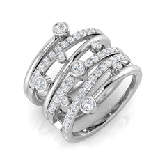 A wide multi-band diamond wave ring in platinum/white gold, with pavé and bezel-set diamonds, on a white background.