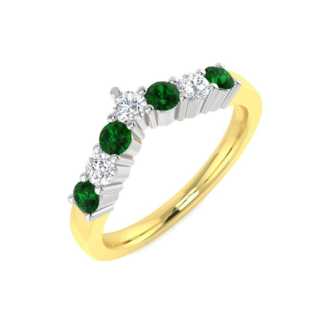 Front view of a curved yellow gold ring set with 0.55ct of emeralds and diamonds, showing the V-shape profile.