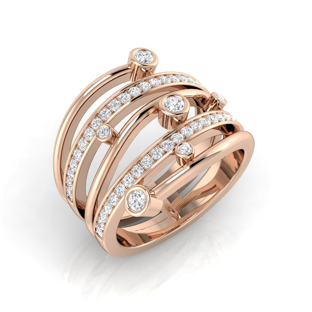 A multi-band diamond statement ring in 9ct rose gold, featuring pavé and bezel-set diamonds, on a white background.