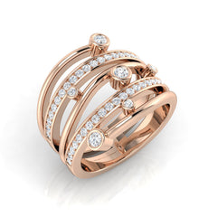 A multi-band diamond statement ring in 9ct rose gold, featuring pavé and bezel-set diamonds, on a white background.