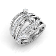 A multi-band diamond statement ring in platinum/white gold, featuring pavé and bezel-set diamonds, on a white background.