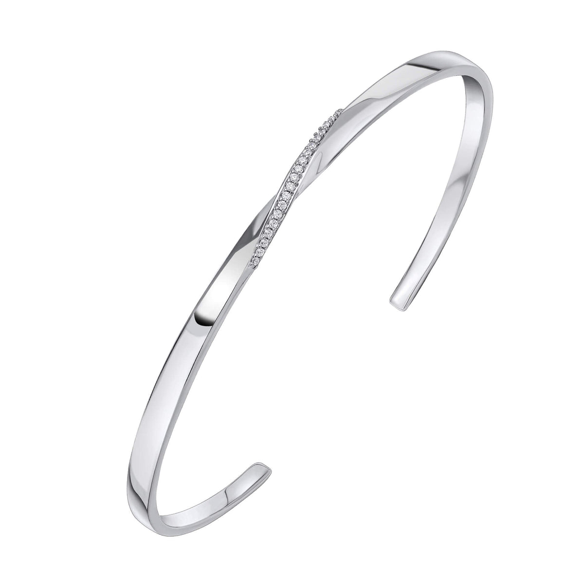 Twist open bangle with cubic zirconia in recycled sterling silver