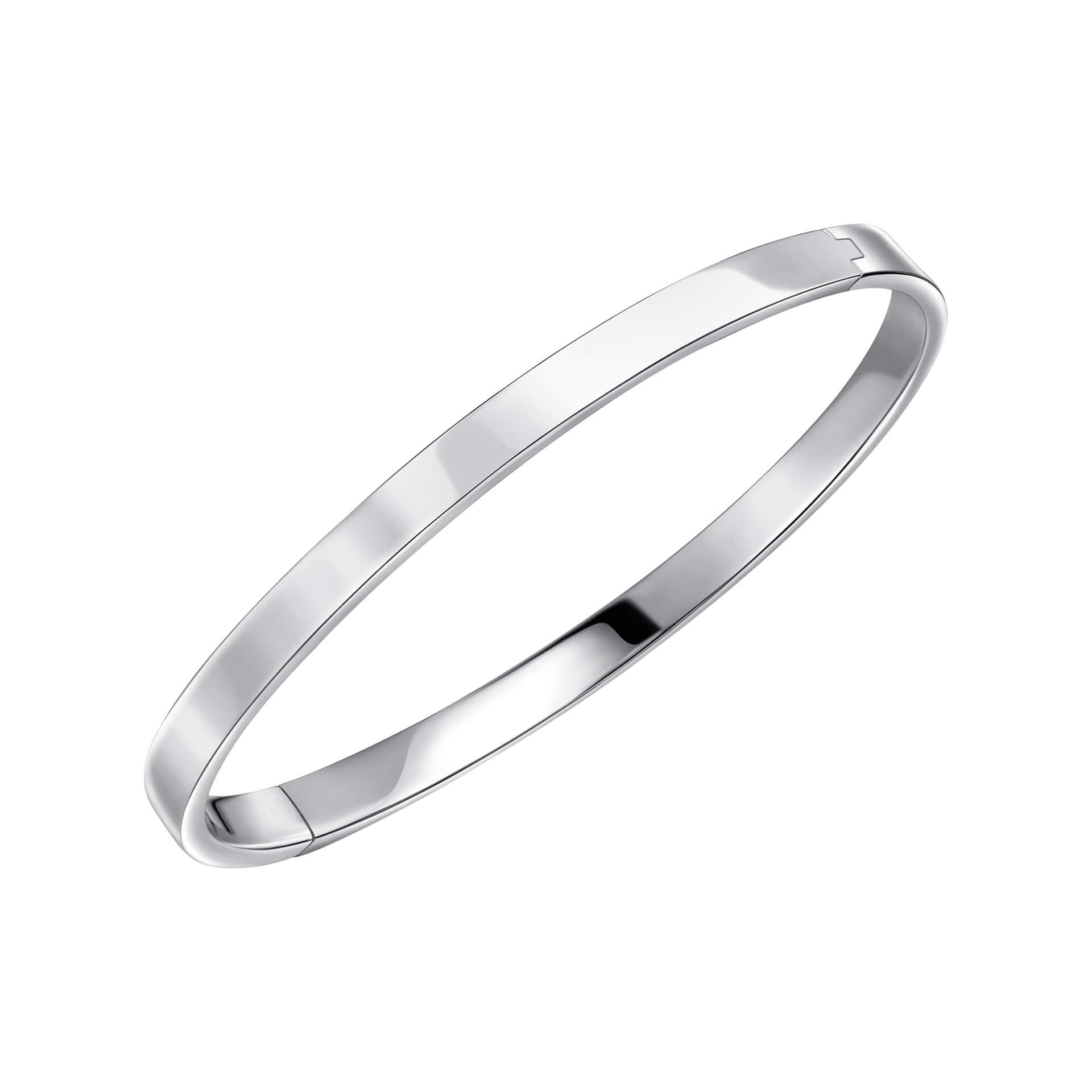 A single, wide, plain hinged bangle in polished sterling silver, shown slightly open on a white background.