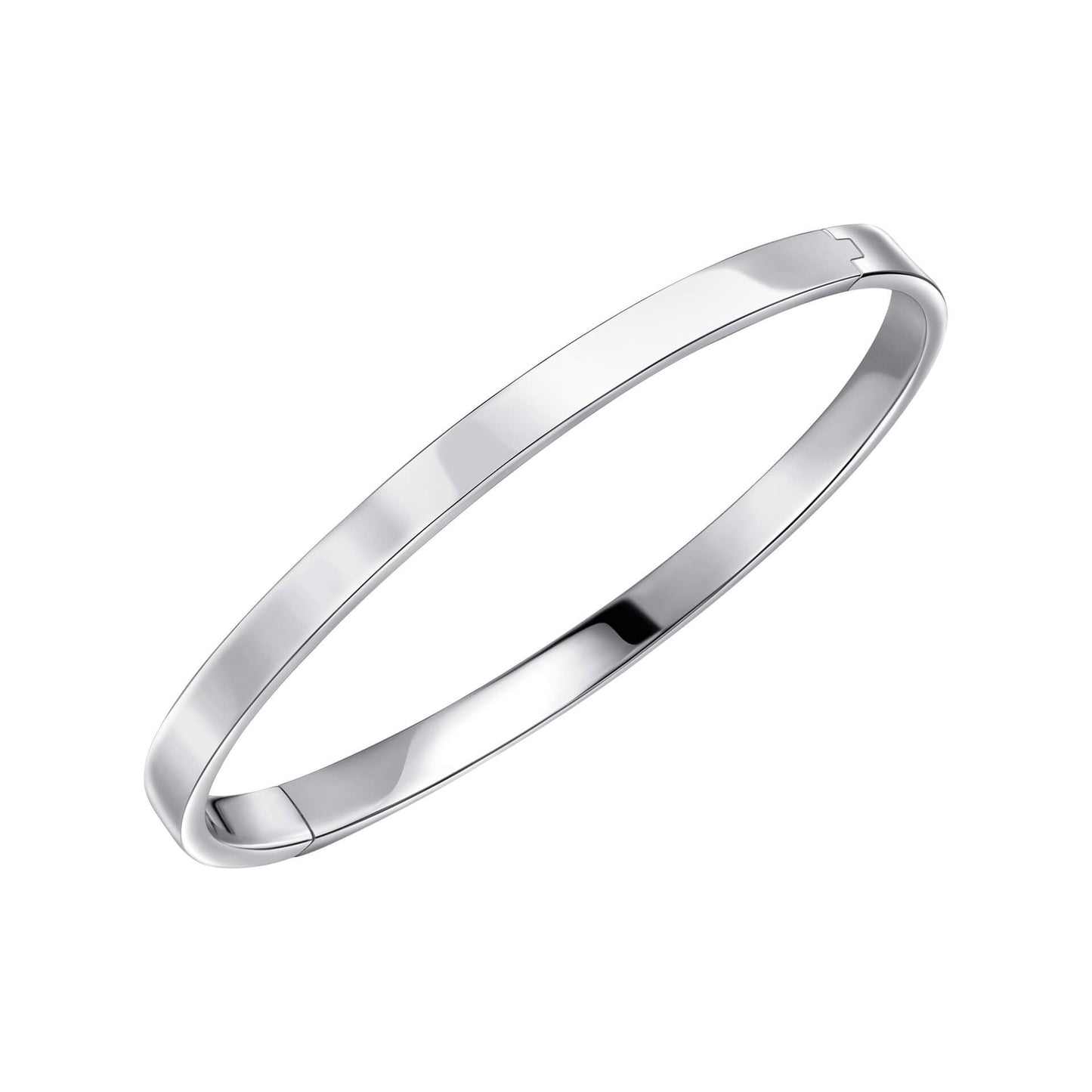 A single, wide, plain hinged bangle in polished sterling silver, shown slightly open on a white background.