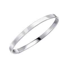 A single, wide, plain hinged bangle in polished sterling silver, shown slightly open on a white background.