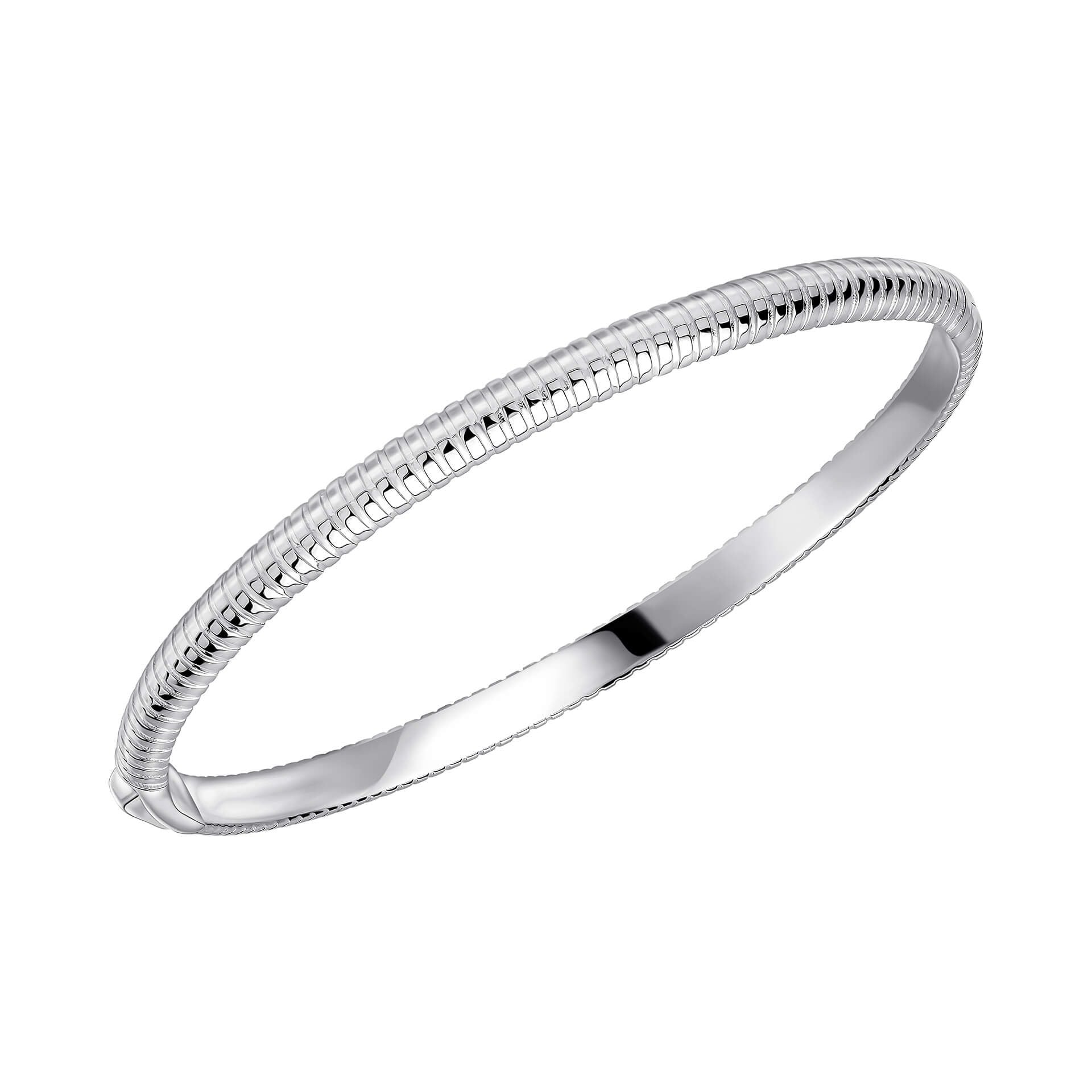 A single sterling silver hinged bangle with a textured, striped coil design, shown on a white background.