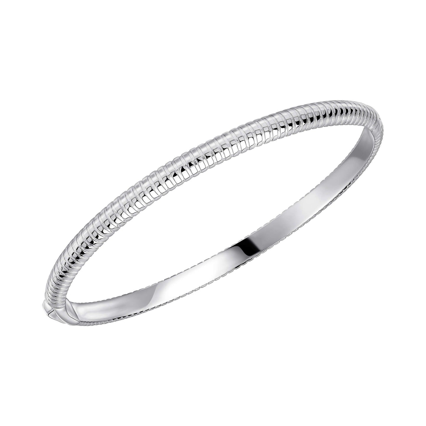 A single sterling silver hinged bangle with a textured, striped coil design, shown on a white background.