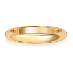 A classic D-shape polished wedding ring in yellow gold, shown from the side on a white background.