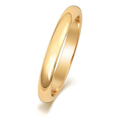 A classic D-shape polished wedding ring in yellow gold, shown from the side on a white background.