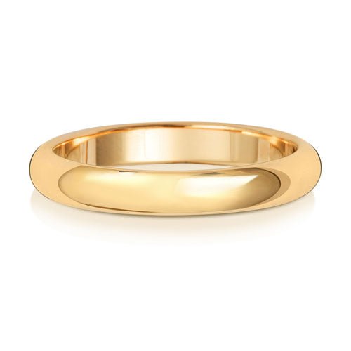 A classic D-shape polished wedding ring in yellow gold, shown from the side on a white background.