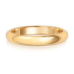 A classic D-shape polished wedding ring in yellow gold, shown from the side on a white background.