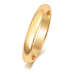 A classic D-shape polished wedding ring in yellow gold, shown from the side on a white background.
