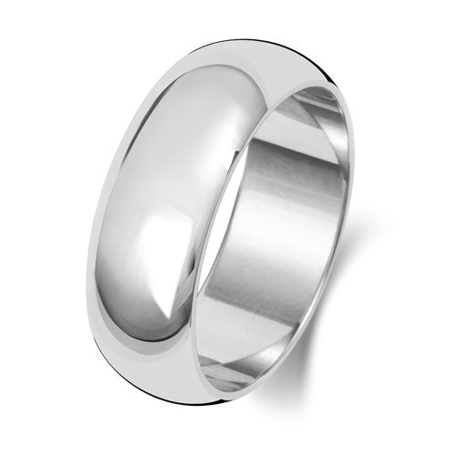 A classic D-shape polished wedding ring in platinum or white gold, shown from the side on a white background.