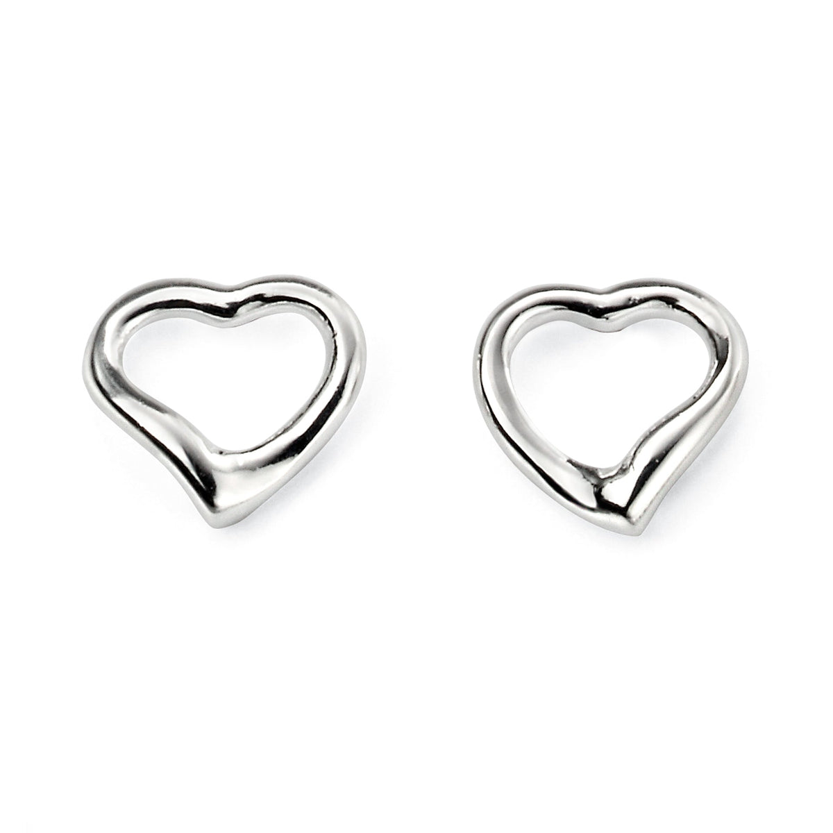 Small open heart stud earrings in recycled sterling silver, front view