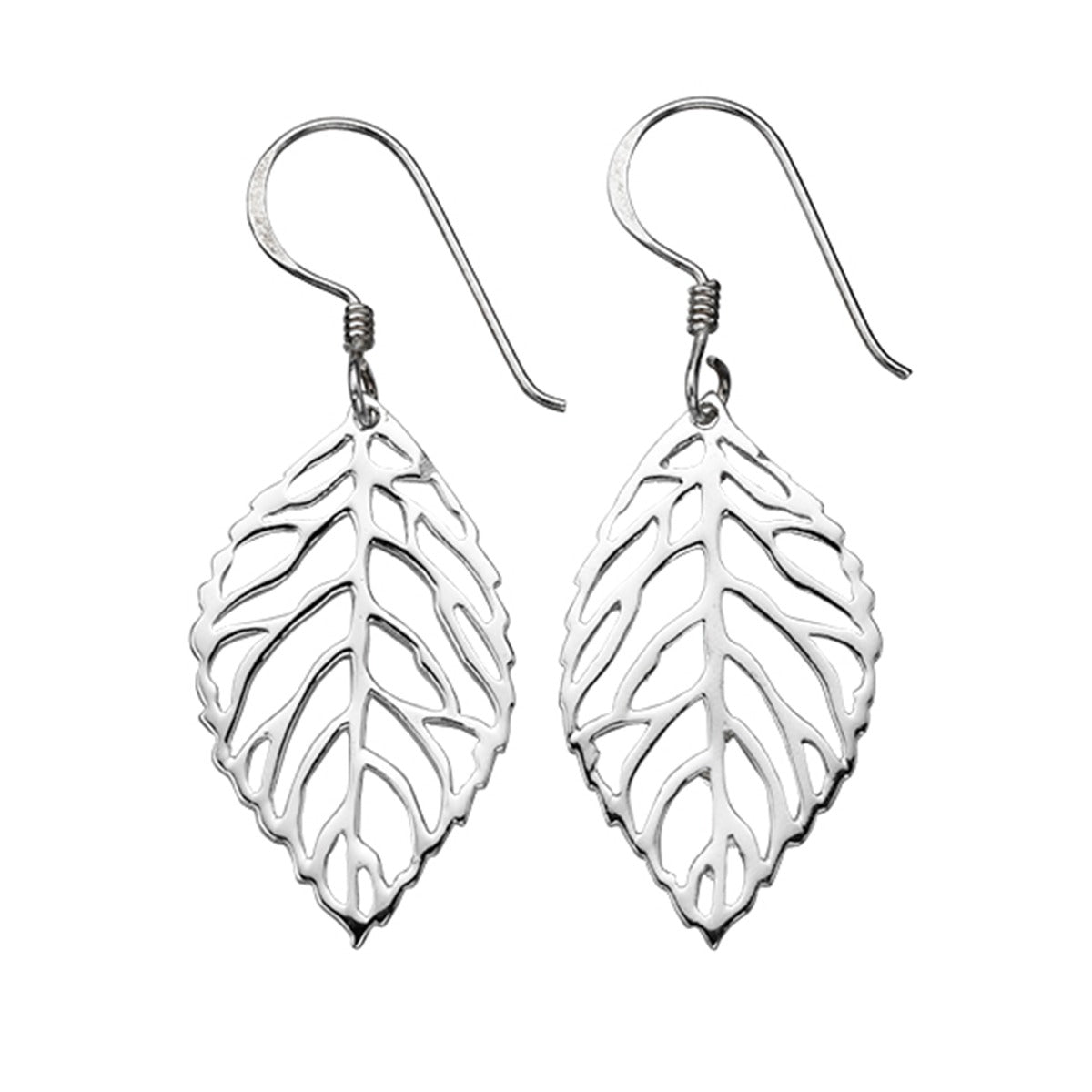 Cut out leaf drop earrings in recycled sterling silver, front view