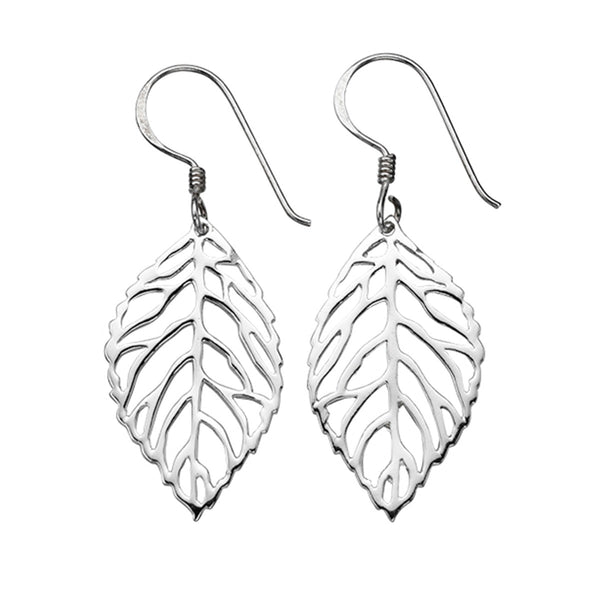 Cut out leaf drop earrings in recycled sterling silver, front view