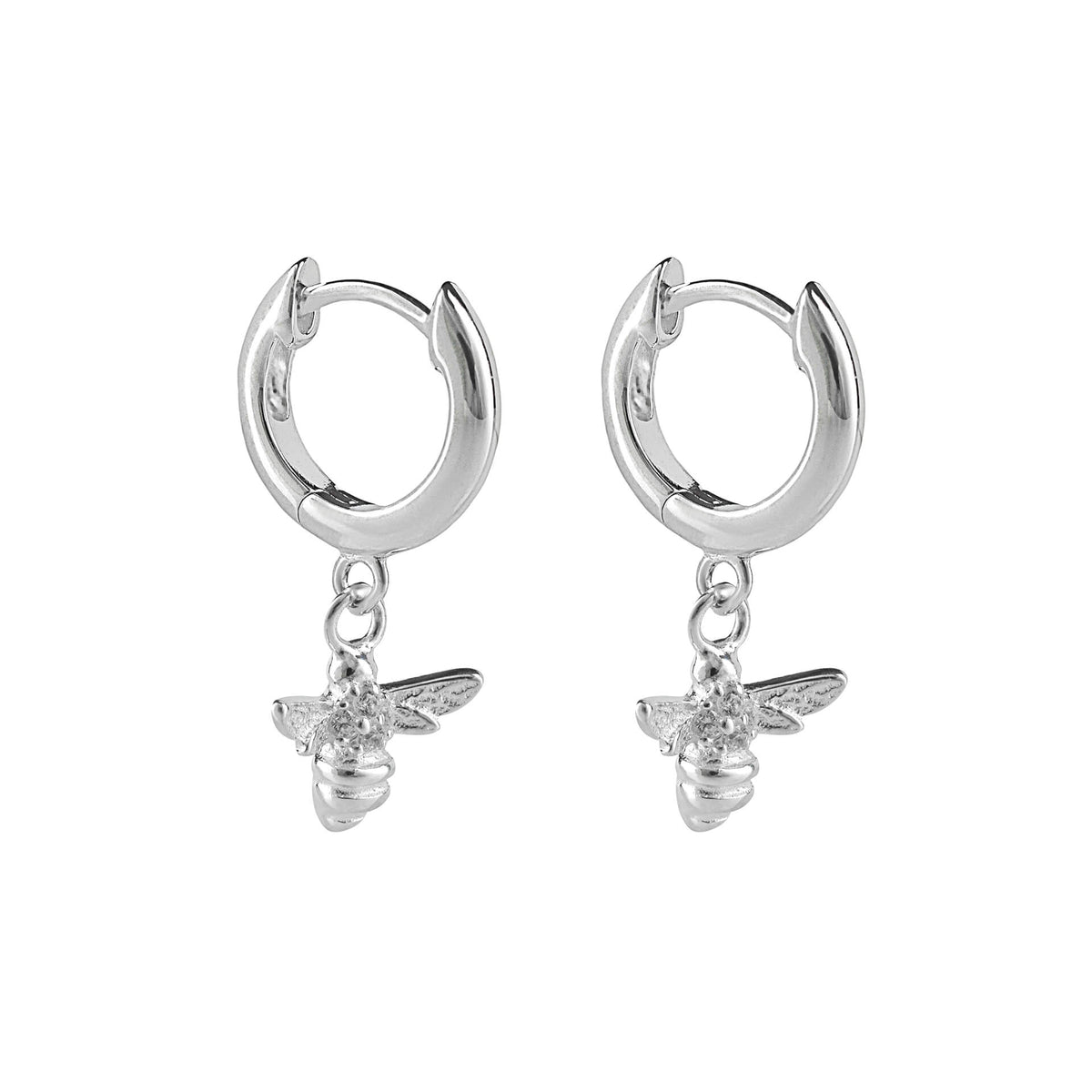 Recycled sterling silver hoop earrings with bee charm and white cubic zirconia stones