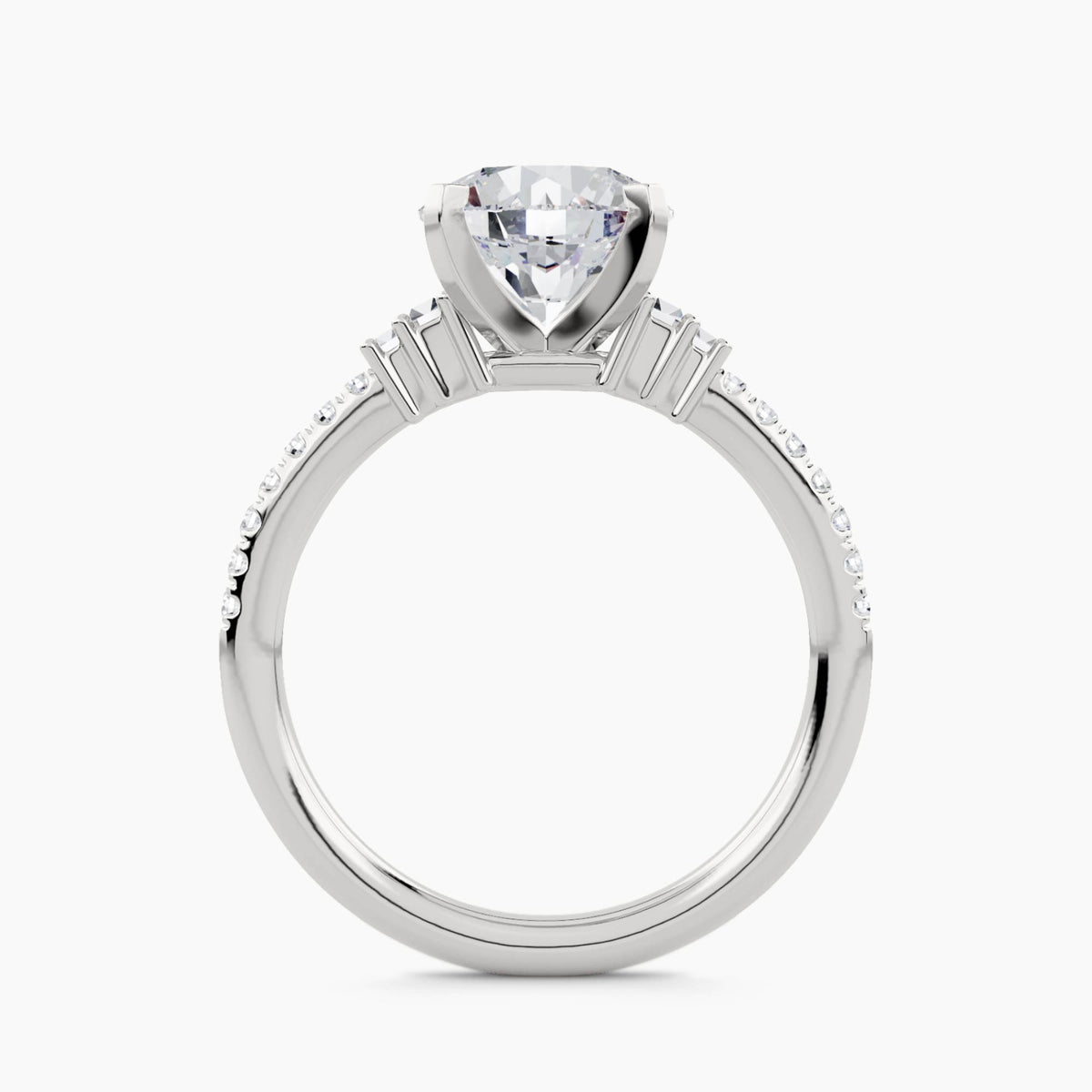 Solitaire With Double Baguette Side Stones And Pavé Shank, front view