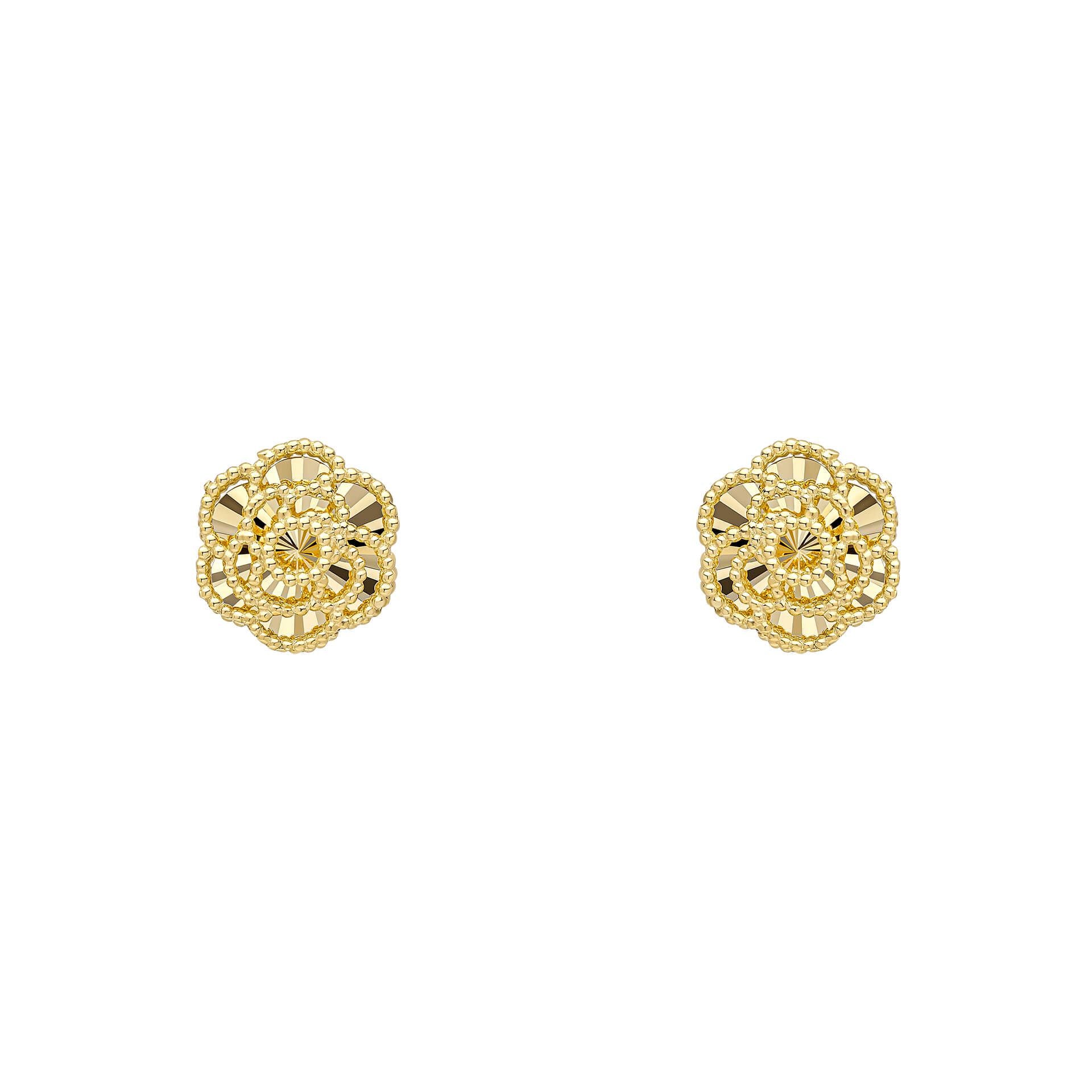 A pair of 9ct yellow gold stud earrings shaped like detailed English Roses with diamond-cut petals, on a white background.