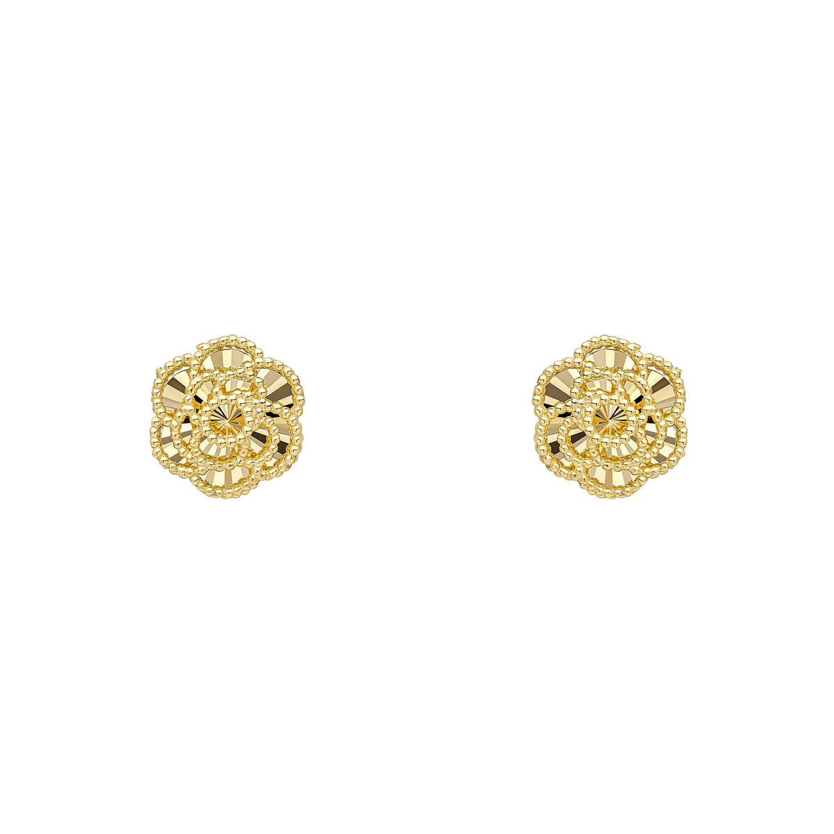 A pair of 9ct yellow gold stud earrings shaped like detailed English Roses with diamond-cut petals, on a white background.