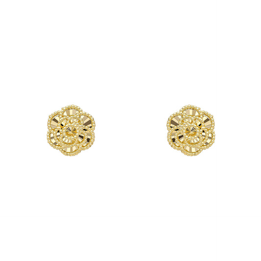 A pair of 9ct yellow gold stud earrings shaped like detailed English Roses with diamond-cut petals, on a white background. 1920