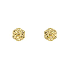 A pair of 9ct yellow gold stud earrings shaped like detailed English Roses with diamond-cut petals, on a white background.