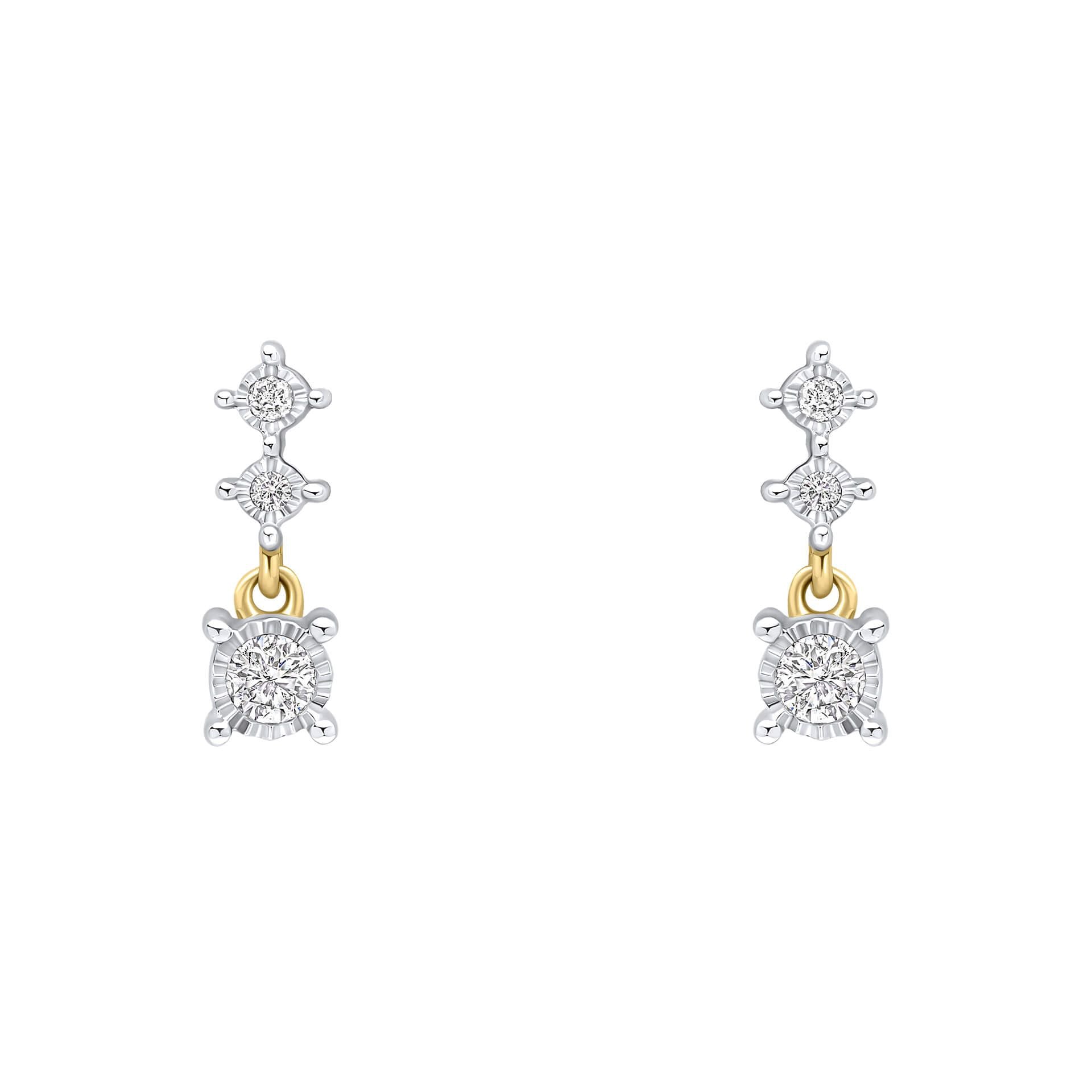 A pair of delicate 9ct yellow gold drop earrings, each featuring three vertically stacked diamonds in white gold illusion settings, on a white background.